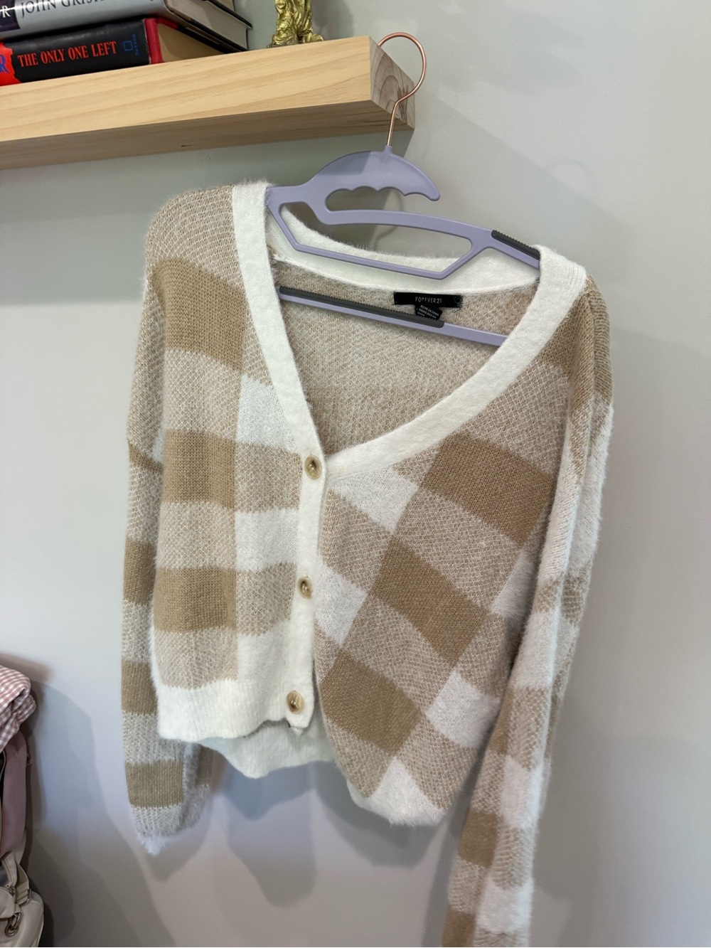 Forever 21 Beige & Cream Plaid V-Neck Button Cardigan